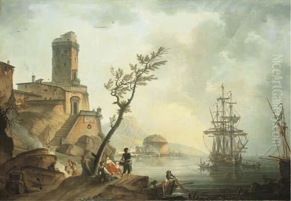 Pecheurs Et Lavandieres Sur Un Rivage Devant Une Villefortifiee Oil Painting by Charles Francois Lacroix de Marseille