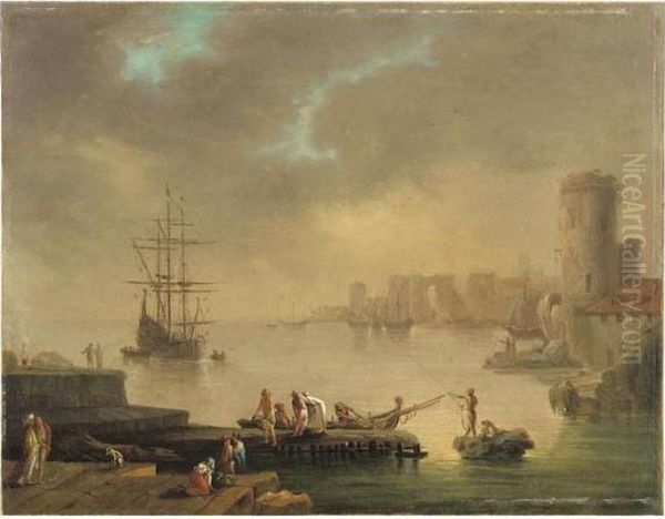 Scenes De Port Mediterraneen Avec Personnages Oil Painting by Charles Francois Lacroix de Marseille