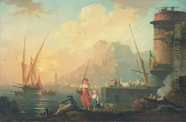 Pecheurs Au Bord De La Mer Au Soleil Couchant Oil Painting by Charles Francois Lacroix de Marseille