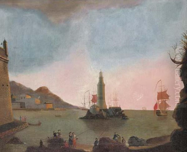 A Mediterranean Port With A Lighthouse And An Englishman-o-war Oil Painting by Charles Francois Lacroix de Marseille