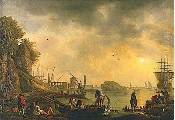 Harbor With Fishing Boats Oil Painting by Charles Francois Lacroix de Marseille