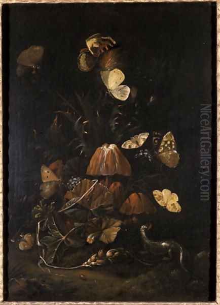 Flowers with butterflies and lizard Oil Painting by Johann Christian Thomas Winck