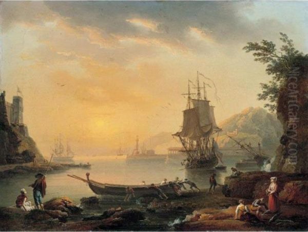 A Mediterranean Harbour Scene With Figures On The Shore, And Fisherman Launching A Boat Oil Painting by Charles Francois Lacroix de Marseille