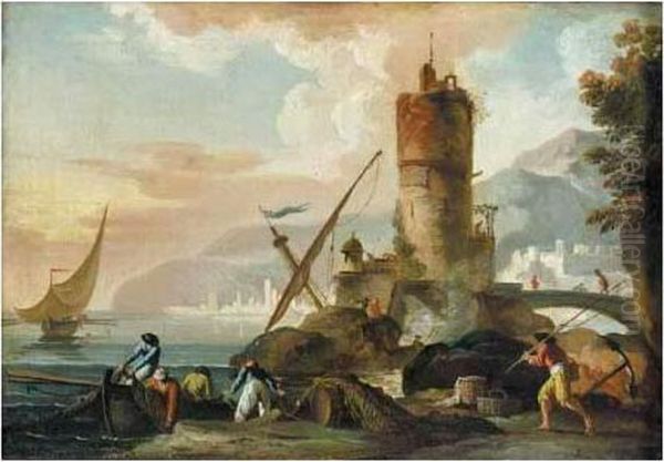 A Mediterranean Harbour Scene With Fishermen Tending Their Nets Oil Painting by Charles Francois Lacroix de Marseille