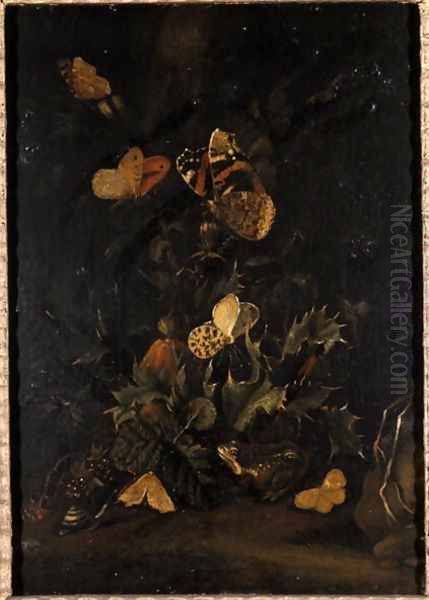 Flowers with butterflies and toad Oil Painting by Johann Christian Thomas Winck