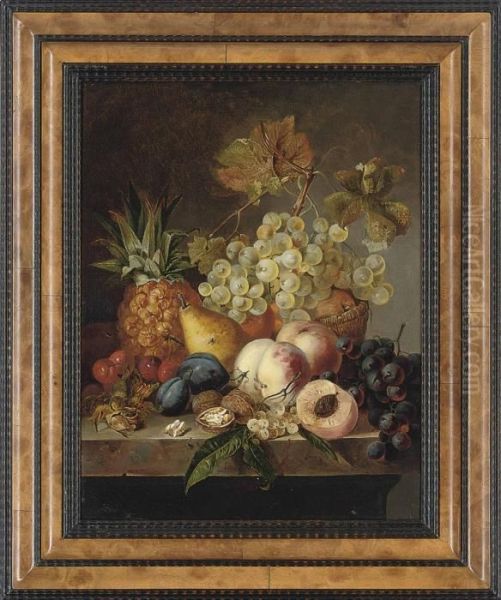 Grapes, Peaches, Cherries, Walnuts, Hazelnuts, A Pear And A Pineapple On A Ledge Oil Painting by Edward Ladell