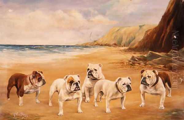 A Quintet of Bulldogs on a Beach Oil Painting by Binks, R. Ward