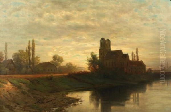 Sunset Over A Riverside Church With Figures Oil Painting by Lef Feliksovich Lagorio