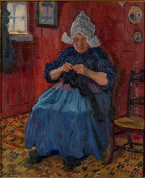 Old Lady Knitting Oil Painting by Arnold Borisovic Lakowskij