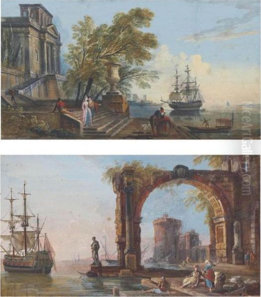 Views Of Classical Harbours, One
 With A Palladian Palace, The Other With A Tower Seen Through A Coffered
 Arch Oil Painting by Jean-Baptiste Lallemand