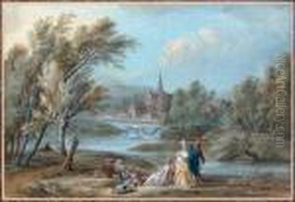 Scene Galante Pres D'une Riviere Et D'un Village Oil Painting by Jean-Baptiste Lallemand