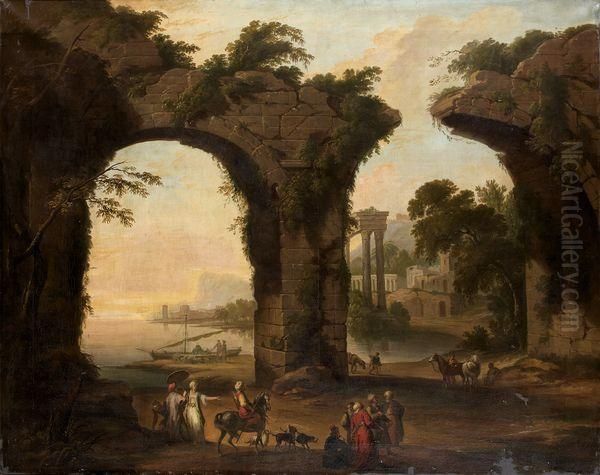 Ruines Antiques Animees De Personnages Oil Painting by Jean-Baptiste Lallemand