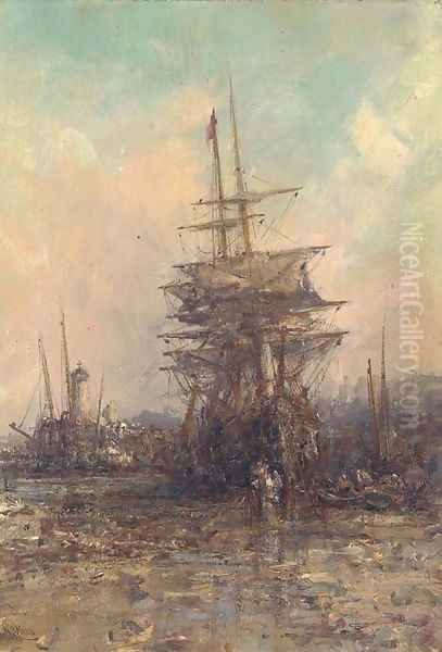 Low tide in an Isle of Man harbour Oil Painting by William Edward Webb