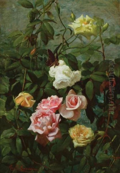 Still Life With Roses And Butterfly Oil Painting by George Cochran Lambdin