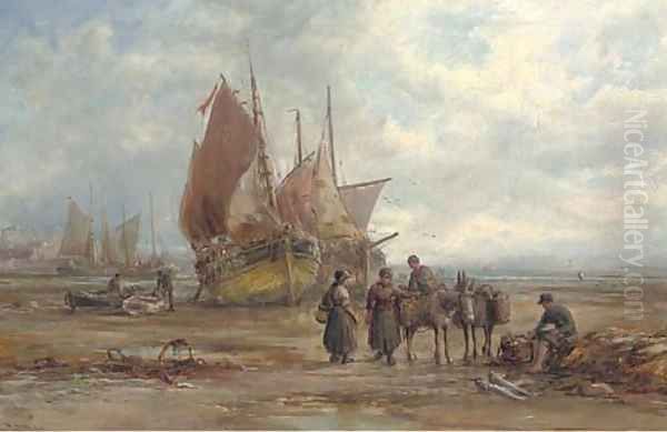 The Castletown fishing fleet beached at low tide, with figures unloading the day's catch Oil Painting by William Edward Webb