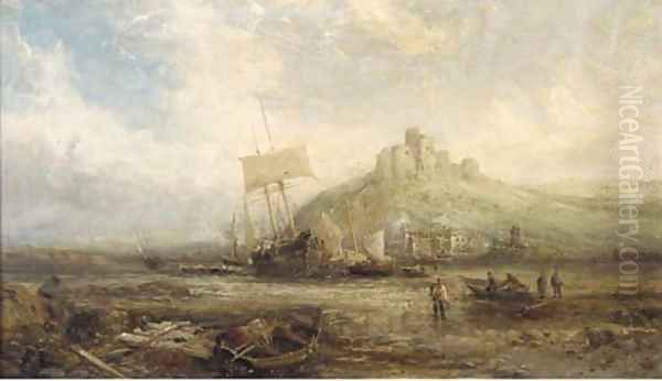 Beached fishing vessels below a ruined castle Oil Painting by William Edward Webb