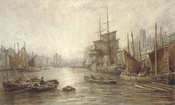 Fishing boats in the harbour at Dordrecht, sunset Oil Painting by William Edward Webb