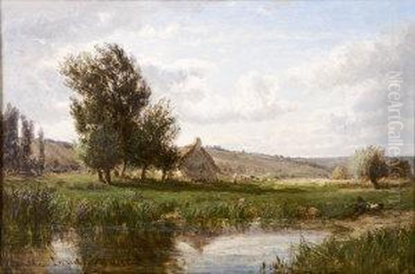 A Farm Cottage By A Pond With Figure And Animals Oil Painting by Emile Charles Lambinet