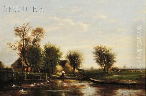 Figures And Punts At A Quiet Landing Oil Painting by Emile Charles Lambinet