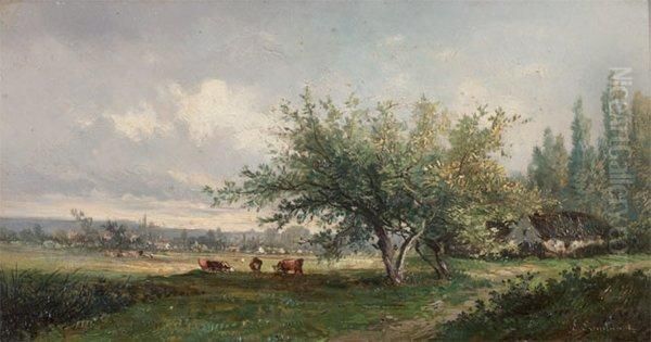 Paturage En Normandie Oil Painting by Emile Charles Lambinet