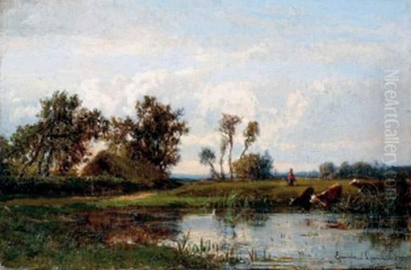 Vaches S'abreuvant Dans Un Etang Oil Painting by Emile Charles Lambinet