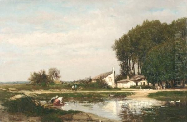 Lavandieres Pres De La Ferme Oil Painting by Emile Charles Lambinet