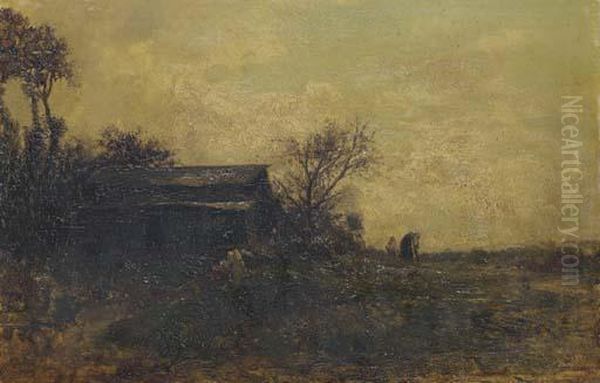 Figures By A Cottage In A Country Landscape Oil Painting by Emile Charles Lambinet