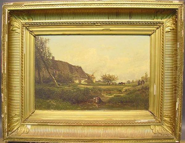 Washerwoman On The Bank Of A River Oil Painting by Emile Charles Lambinet