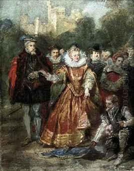 Sir Walter Raleigh Laying His Cloak Before Elizabeth I Oil Painting by Eugene Louis Lami