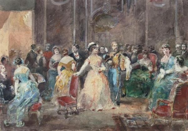 Elegant Figures At A Reception In A Ballroom Oil Painting by Eugene Louis Lami