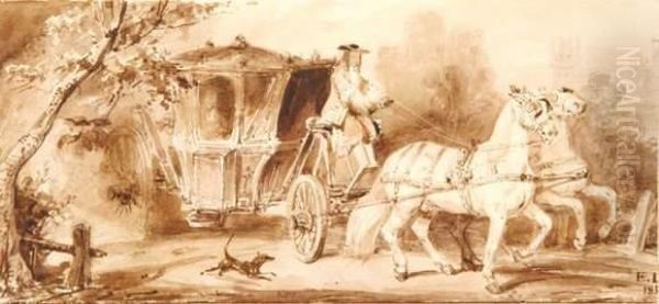 Carosse Tire Par Deux Chevaux Blancs Oil Painting by Eugene Louis Lami