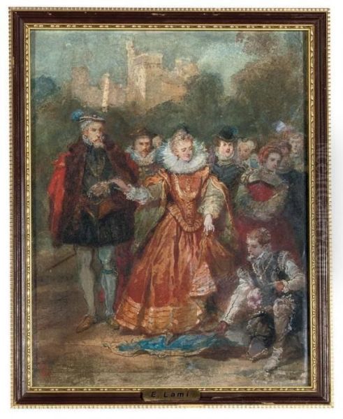 Sir Walter Raleigh Laying His Cloak Before Queen Elizabeth I Oil Painting by Eugene Louis Lami