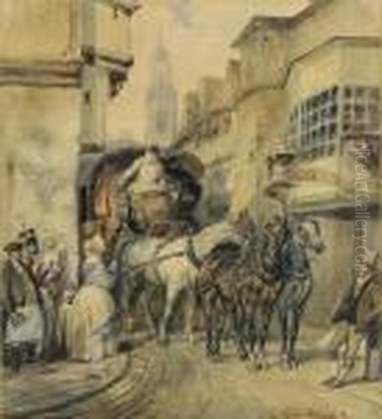 Le Passage D'une Diligence Dans Une Rue De Londres Oil Painting by Eugene Louis Lami