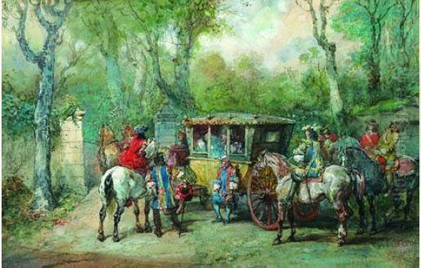 Un Carrosse A L'arret Entoure De Mousquetaires Oil Painting by Eugene Louis Lami