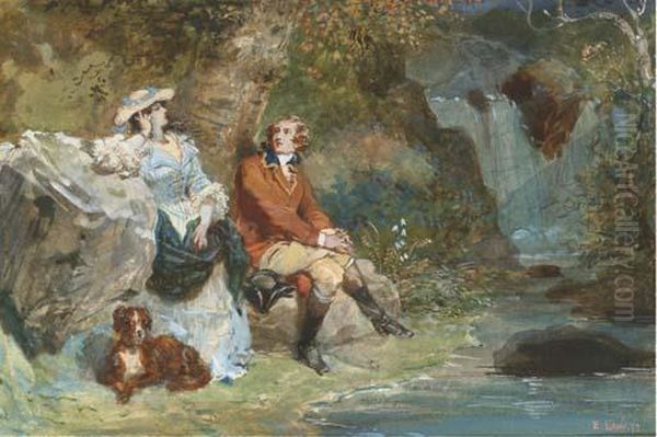 Flore Et Le Capitaine Waverley Pres D'une Riviere Oil Painting by Eugene Louis Lami