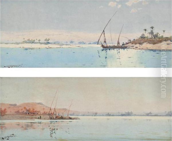 A Felucca On The Nile; And Another Similar Oil Painting by Augustus Osborne Lamplough