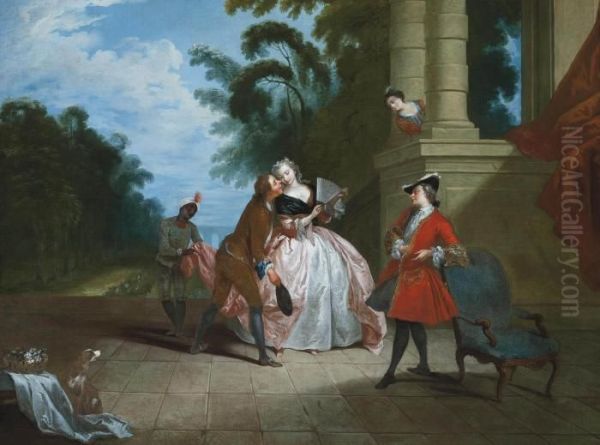 Elegant Company In A Courtyard, A Landscape Beyond Oil Painting by Nicolas Lancret