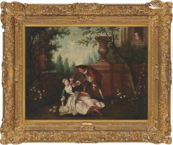 An Amorous Couple In A Classical Garden Oil Painting by Nicolas Lancret