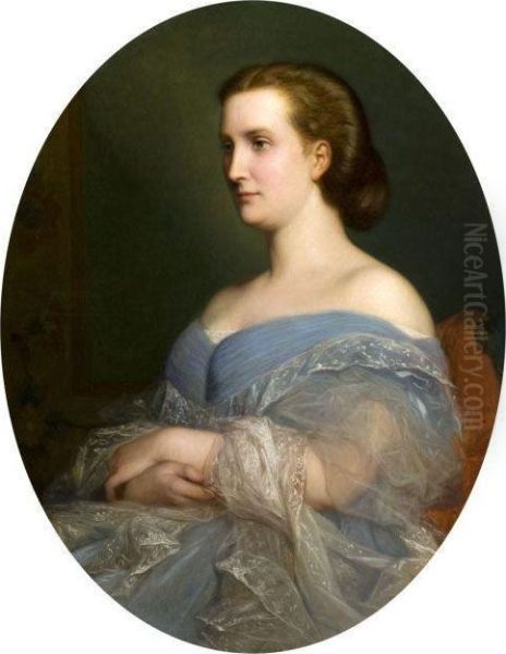 Portrait De Femme A La Robe Bleue Oil Painting by Charles Zacharie Landelle