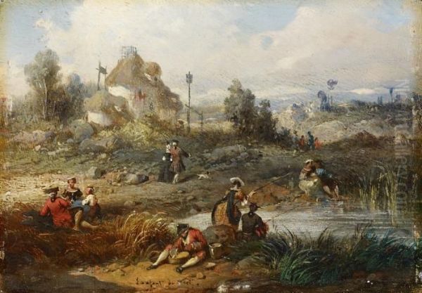 Party Outdoors Oil Painting by Francois Louis Lanfant de Metz