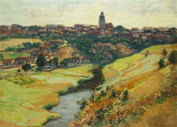 A View Of Bechyne Oil Painting by Karel Langer