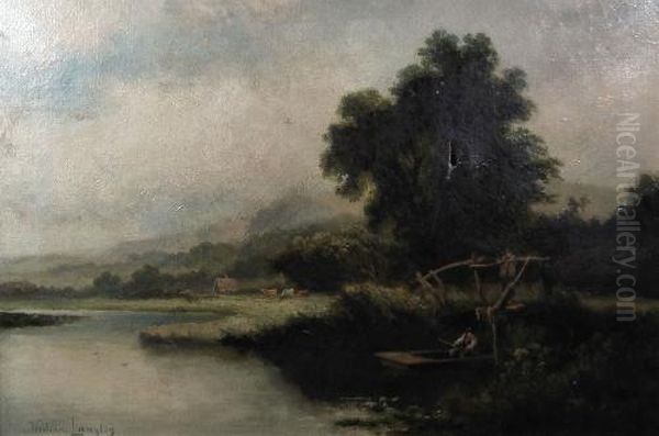 River Landscape With Figures To Foreground Oil Painting by William Langley