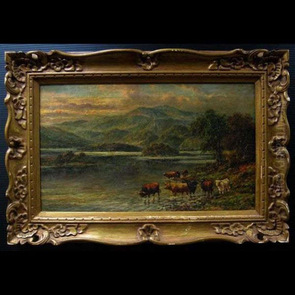 Highland Cattle Watering - Loch Killin Oil Painting by William Langley