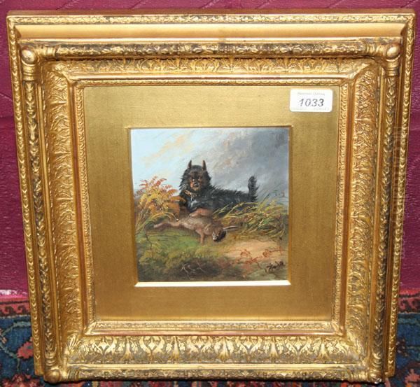 A Terrier Rabbiting Oil Painting by J. Langlois