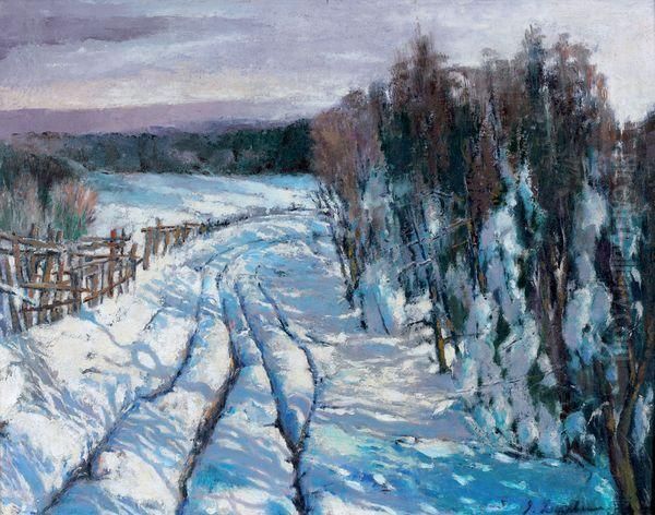 Le Chemin Enneige Oil Painting by Georgi Alexandrovich Lapchine