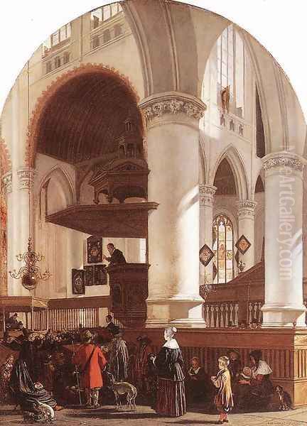 Interior of the Oude Kerk at Delft during a Sermon 1651 Oil Painting by Emanuel de Witte