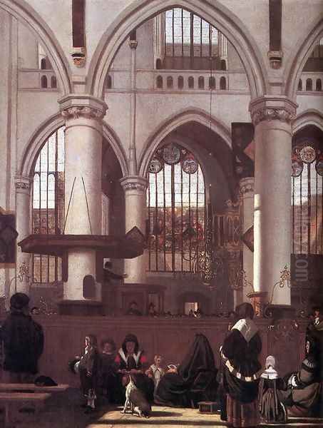 The Interior of the Oude Kerk, Amsterdam, during a Sermon 1658-59 Oil Painting by Emanuel de Witte