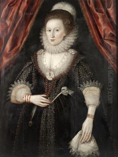 Portrait Of A Lady, 
Three-quarter-length, In A Black Embroidered Dress, White Lace Collar 
And Cuffs And Coral Jewellery, Standing Before A Red Curtain Oil Painting by William Larkin