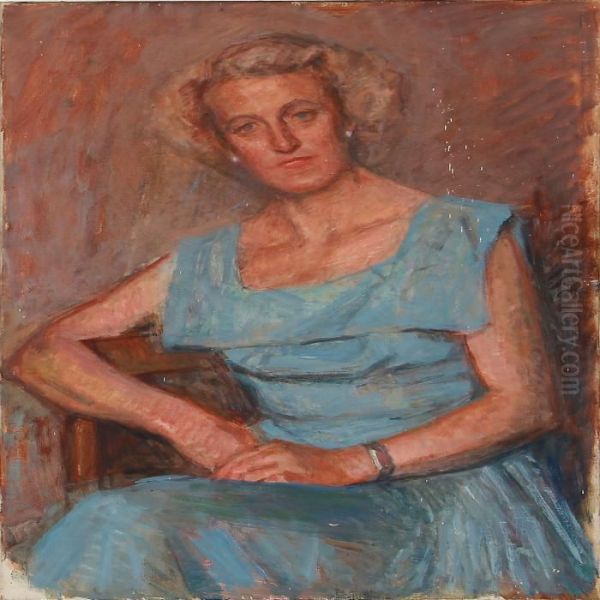 Portrait Of A Woman In A Blue Dress Oil Painting by Hugo Valdemar Larsen