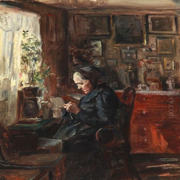 Interior With A Knitting Woman At The Window Oil Painting by Knud Larsen